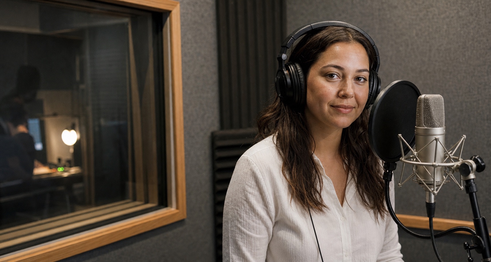 Human voice artist smiling at a studio microphone Human voice talent recording in a professional voice booth